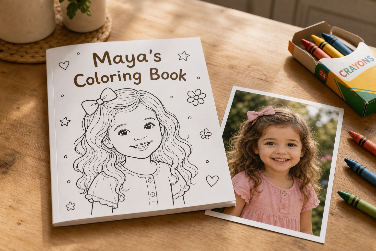 Printed coloring book next to the photo and crayons